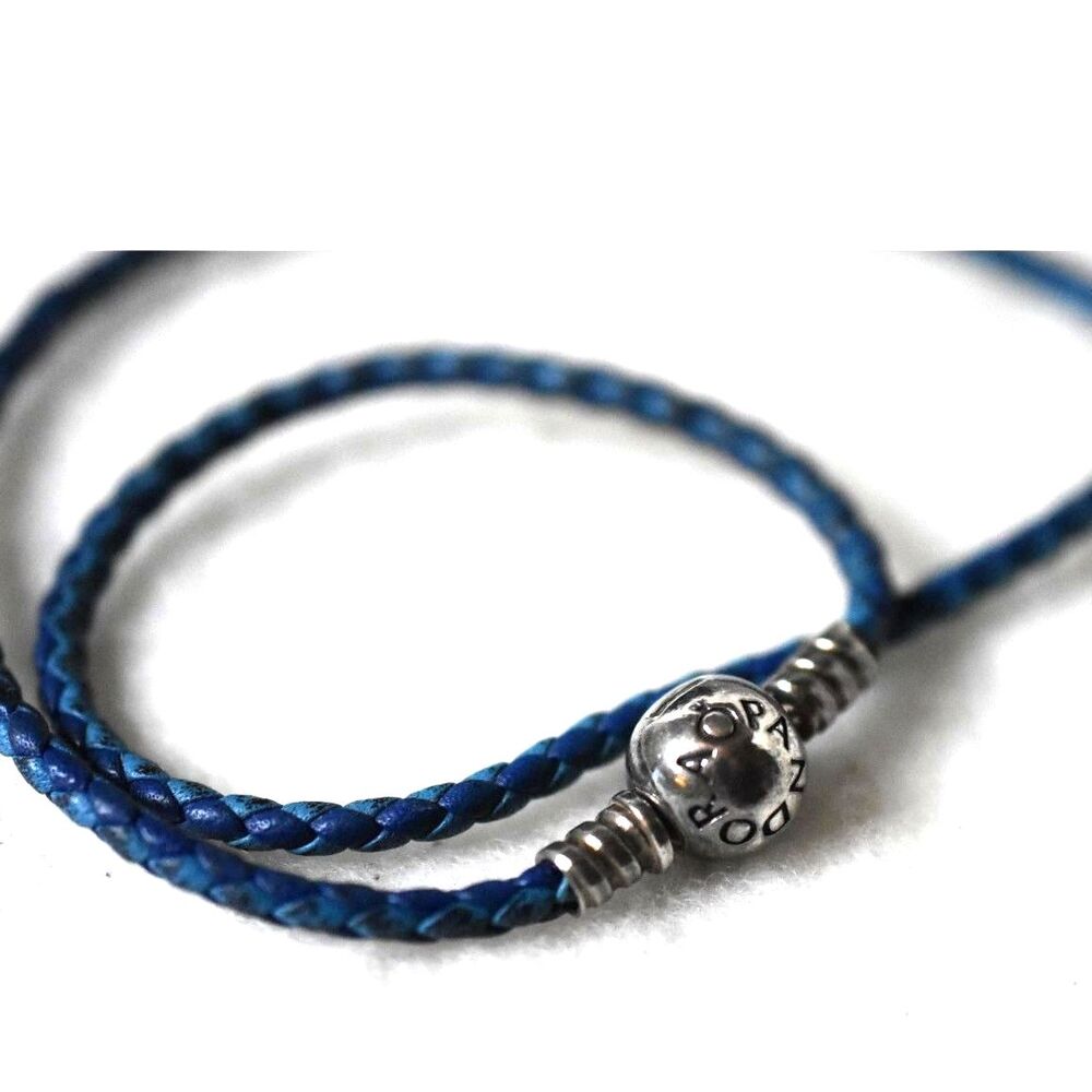 Pandora Two Tone Blue Woven Leather Sterling Silver Charm 13.8"  Wrap Bracelet